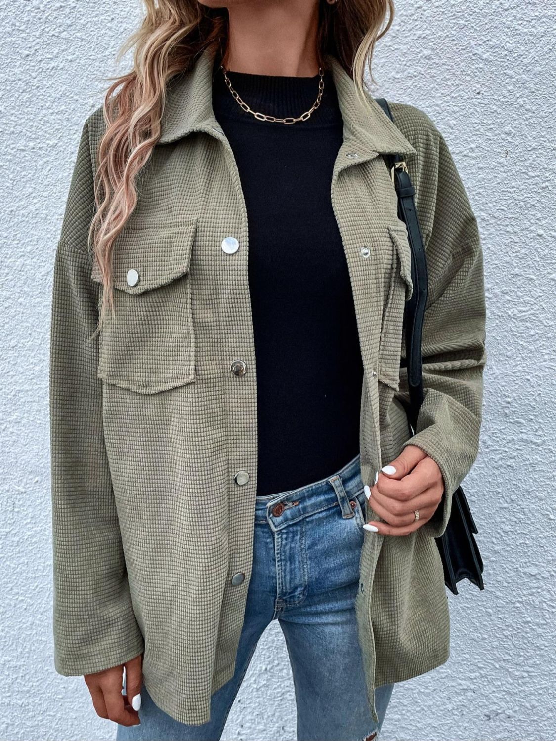 Snap Down Collared Neck Drop Shoulder Jacket-Angel Casuals