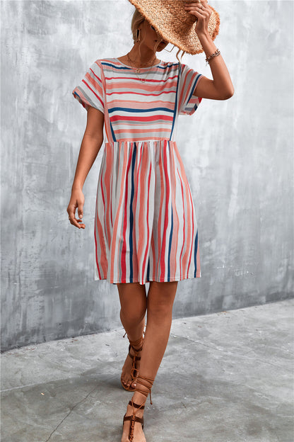 Striped Round Neck Dress-Angel Casuals