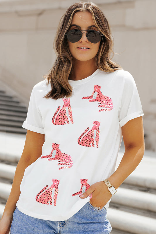 Sequin Leopard Round Neck Short Sleeve T-Shirt-Angel Casuals