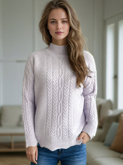 Cable-Knit Mock Neck Dropped Shoulder Sweater-Angel Casuals