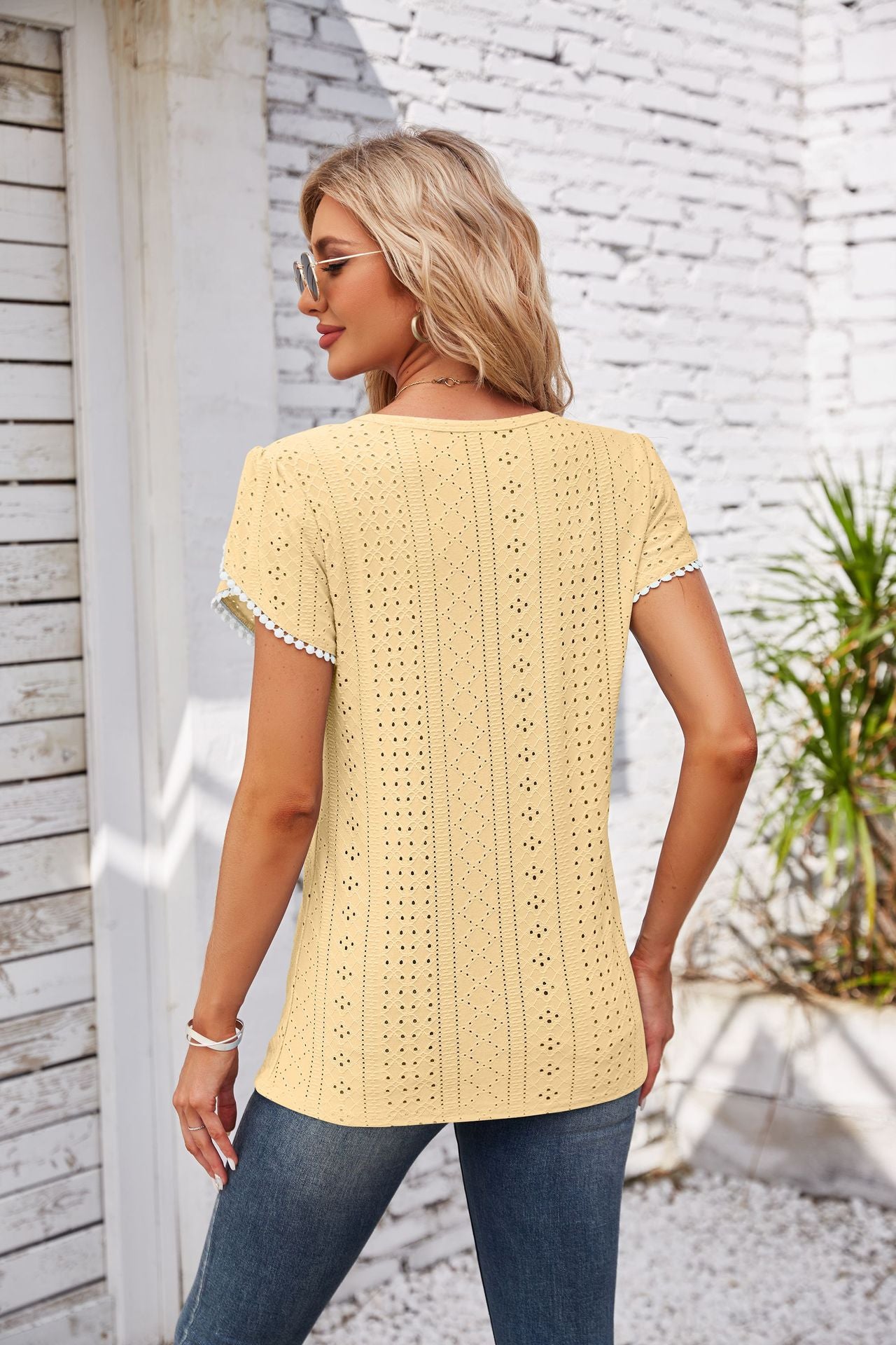 Eyelet Round Neck Petal Sleeve T-Shirt-Angel Casuals