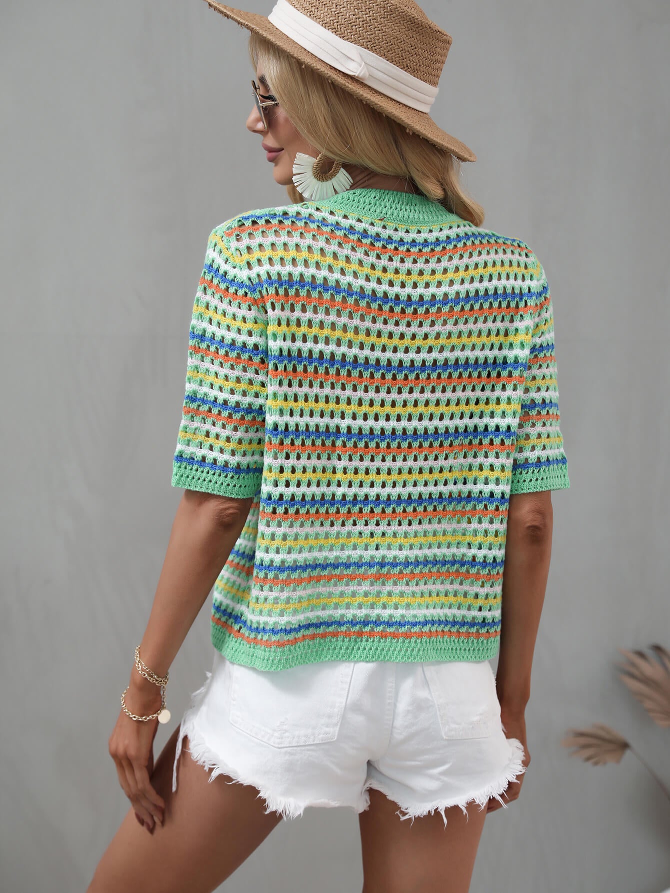 Striped Openwork Half Sleeve Knit Top-Angel Casuals