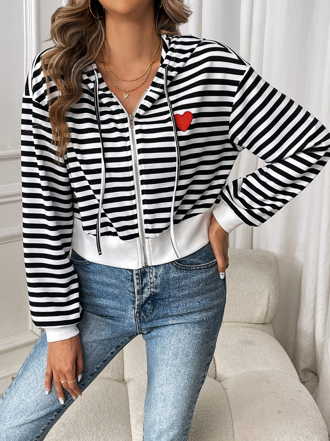 Striped Zip Up Long Sleeve Jacket-Angel Casuals