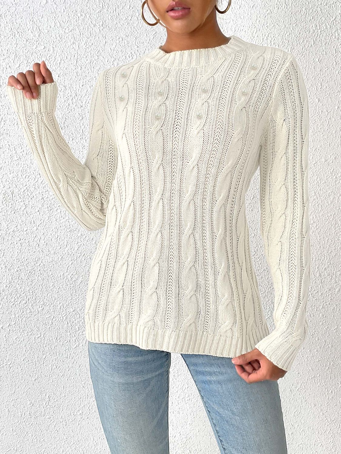 Cable-Knit Round Neck Long Sleeve Sweater-Angel Casuals