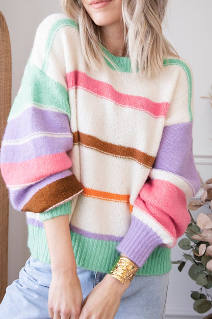 Contrast Striped Round Neck Drop Shoulder Sweater-Angel Casuals