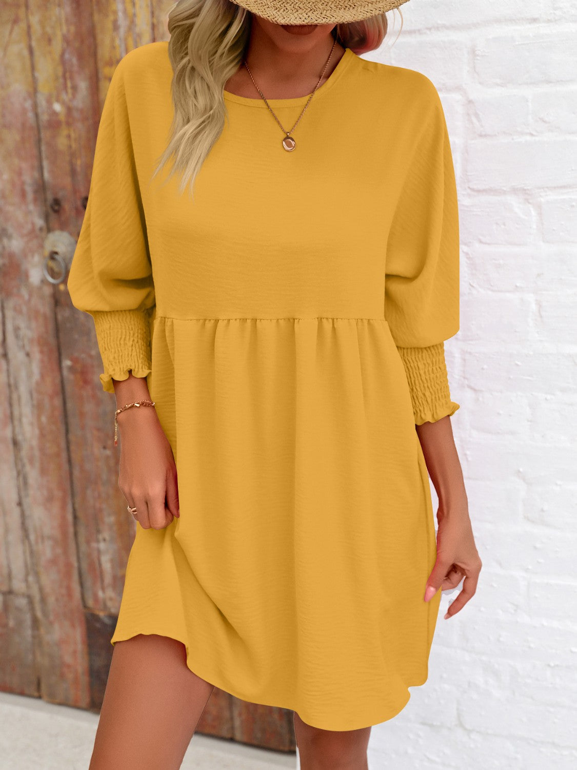 Round Neck Lantern Sleeve Mini Dress-Angel Casuals