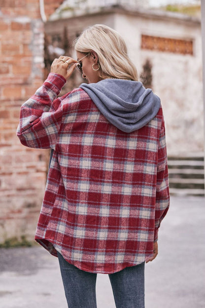 Plaid Dropped Shoulder Hooded Longline Jacket-Angel Casuals