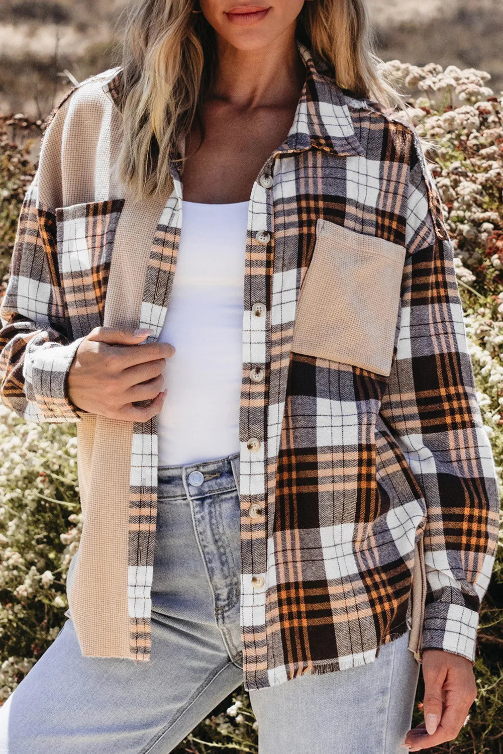 Pocketed Plaid Collared Neck Dropped Shoulder Shacket-Angel Casuals