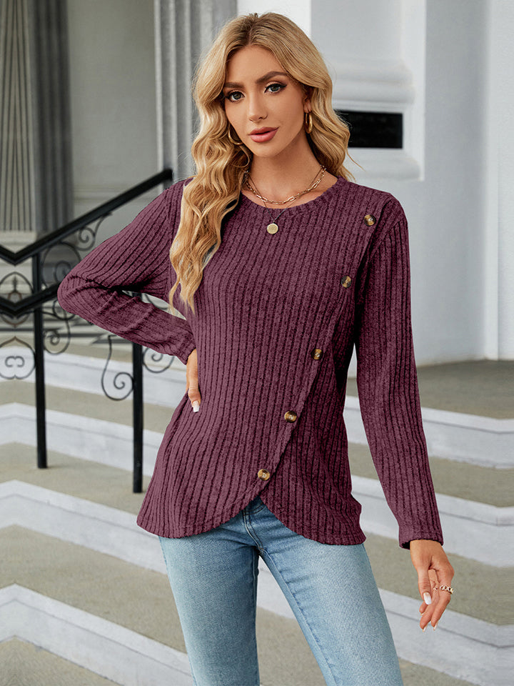 Round Neck Ribbed Button Detail Blouse-Angel Casuals