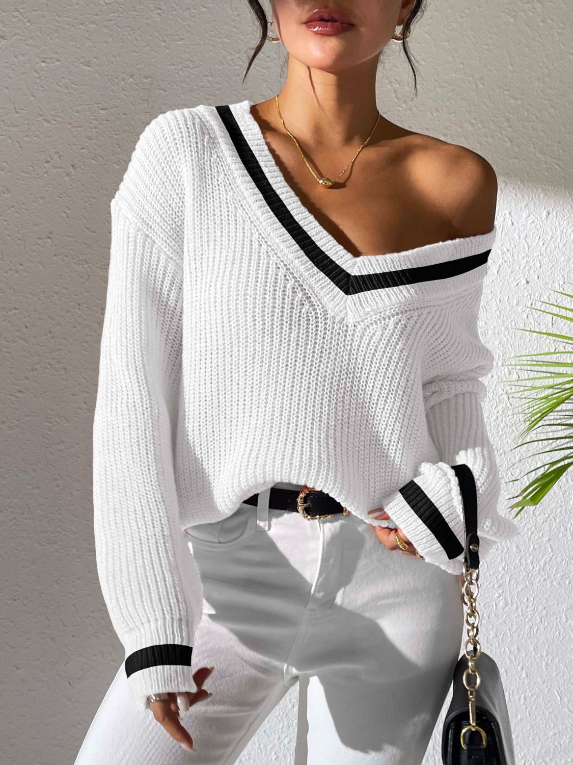 Contrast Trim V-Neck Long Sleeve Sweater-Angel Casuals