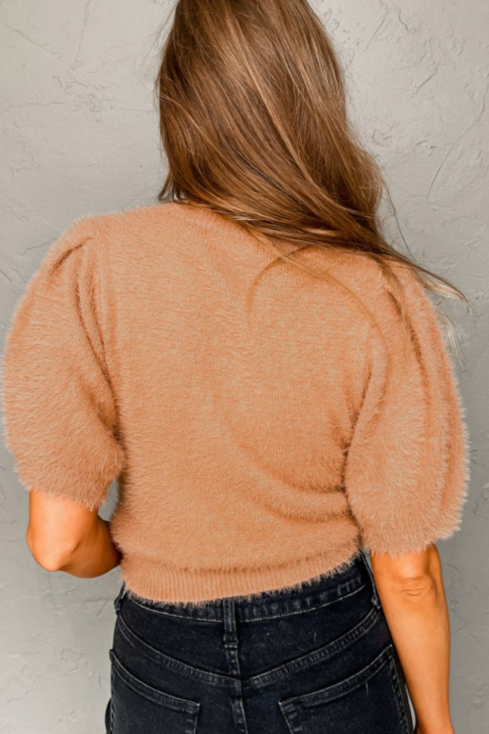 Fuzzy Round Neck Half Sleeve Sweater-Angel Casuals