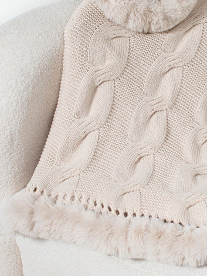 Fuzzy Hem Cable-Knit Poncho-Angel Casuals