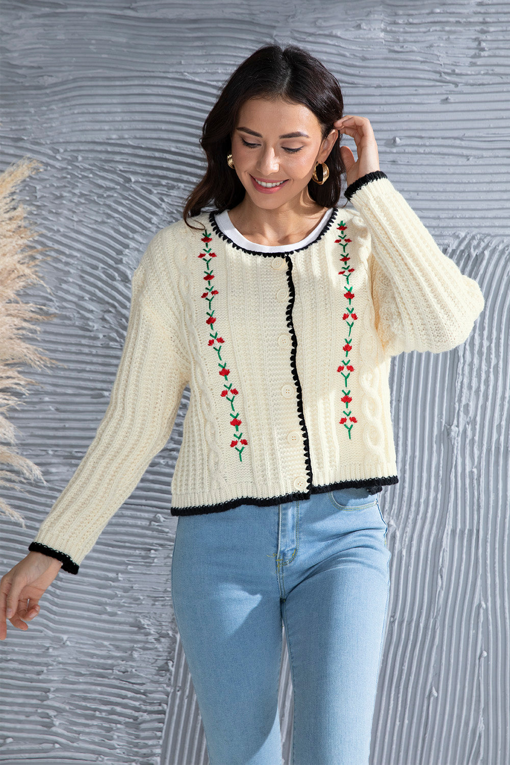 Graphic Cable-Knit Button Up Cardigan-Angel Casuals
