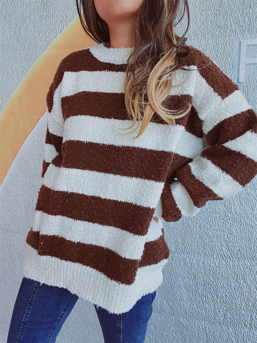 Striped Round Neck Long Sleeve Sweater-Angel Casuals