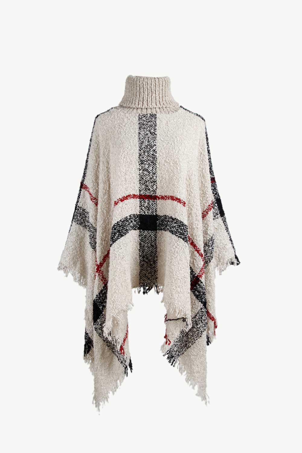 Plaid Turtleneck Raw Hem Poncho-Angel Casuals