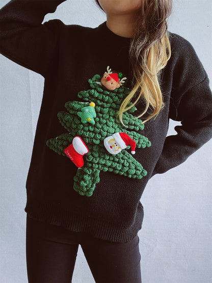 Christmas Tree Round Neck Long Sleeve Sweater-Angel Casuals