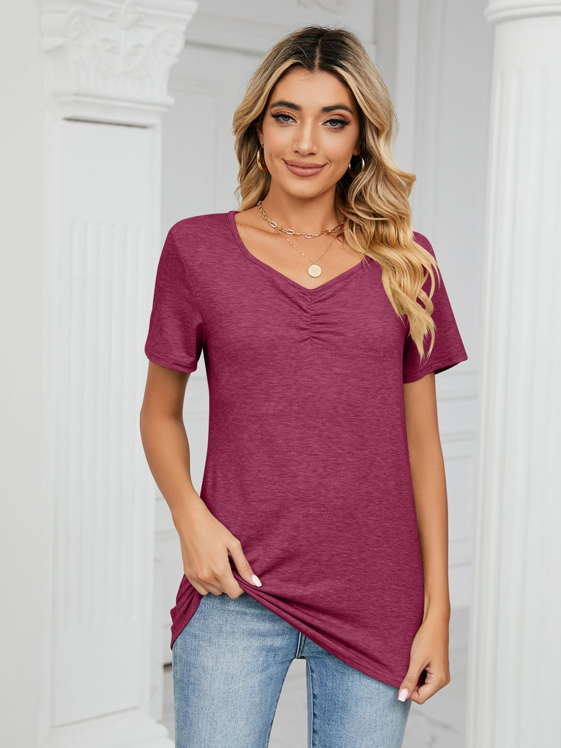 Ruched V-Neck Short Sleeve T-Shirt-Angel Casuals
