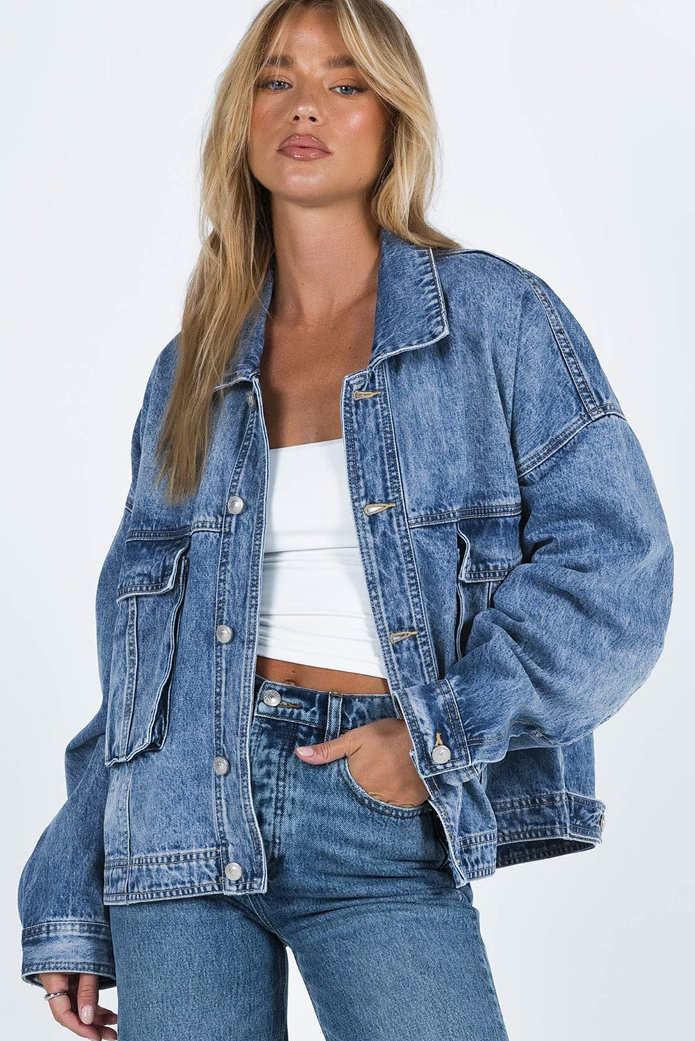 Collared Neck Button Up Denim Jacket-Angel Casuals