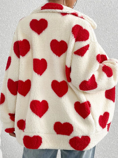 Heart Zip Up Drop Shoulder Furry Jacket-Angel Casuals