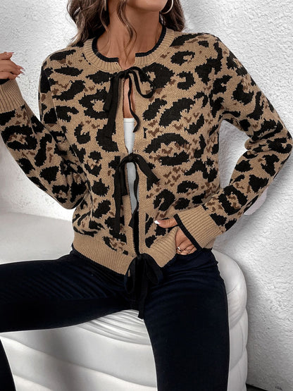 Perfee Tied Leopard Long Sleeve Cardigan-Angel Casuals