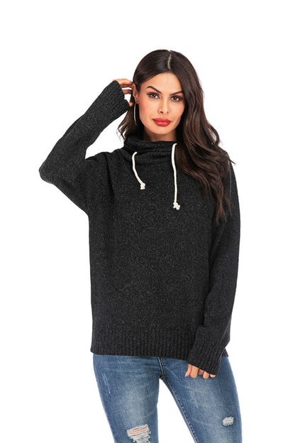 Drawstring Mock Neck Long Sleeve Sweater-Angel Casuals