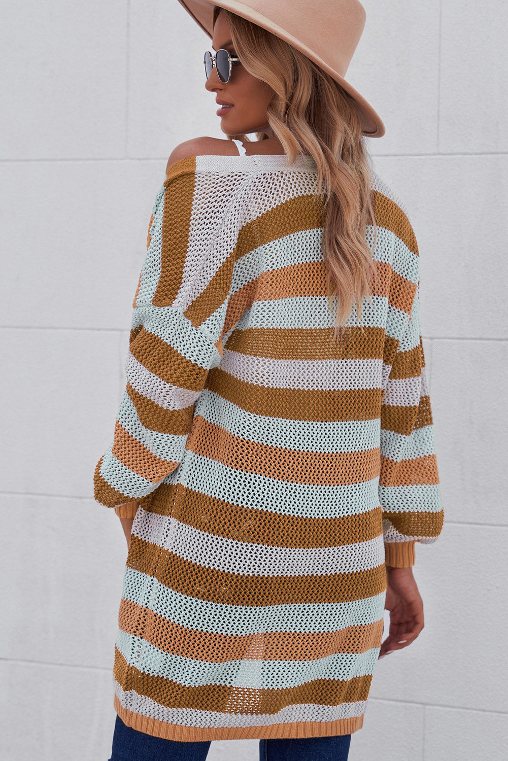 Full Size Striped Long Sleeve Openwork Cardigan-Angel Casuals