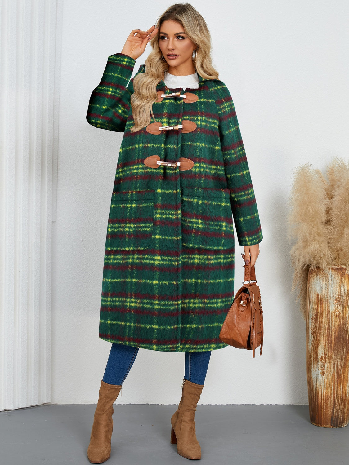 Plaid Long Sleeve Hooded Coat with Pockets-Angel Casuals