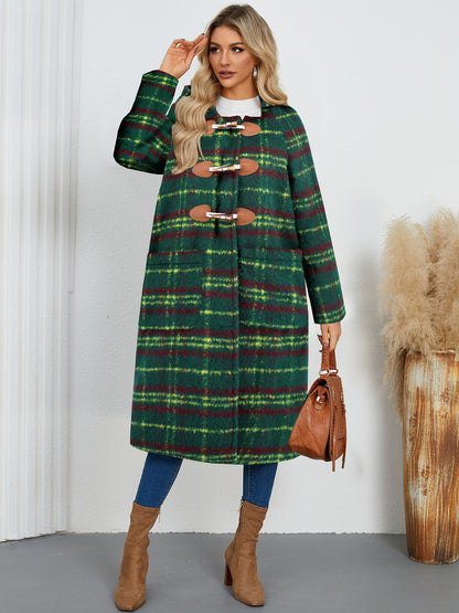 Plaid Long Sleeve Hooded Coat with Pockets-Angel Casuals