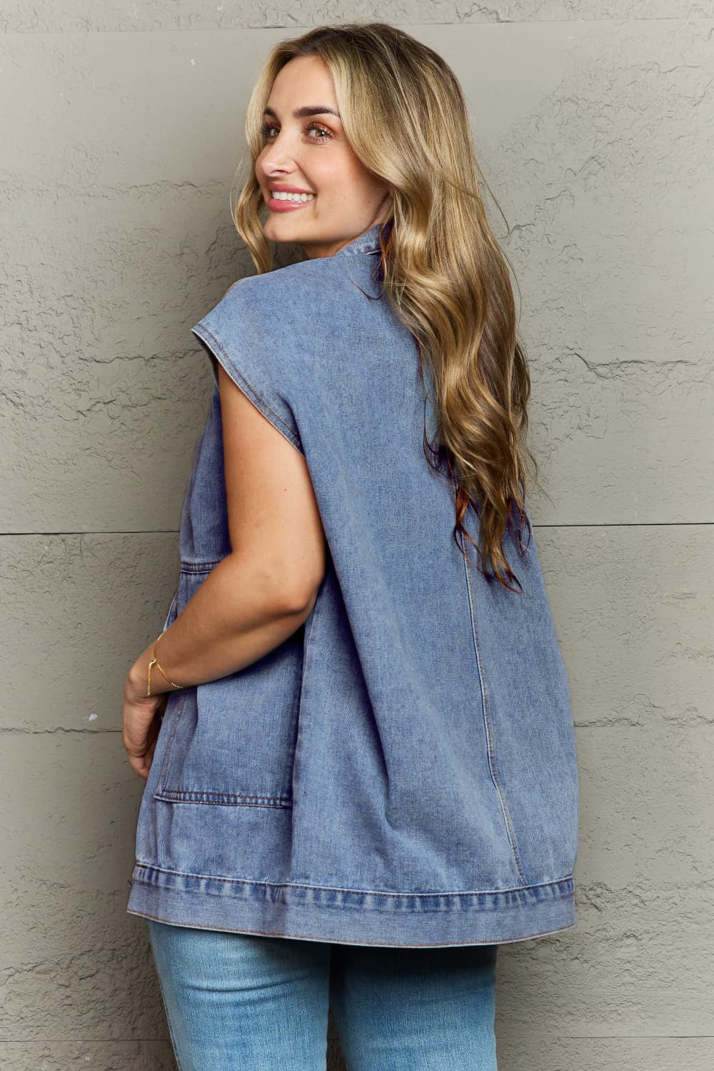 Collared Neck Sleeveless Denim Top with Pockets-Angel Casuals