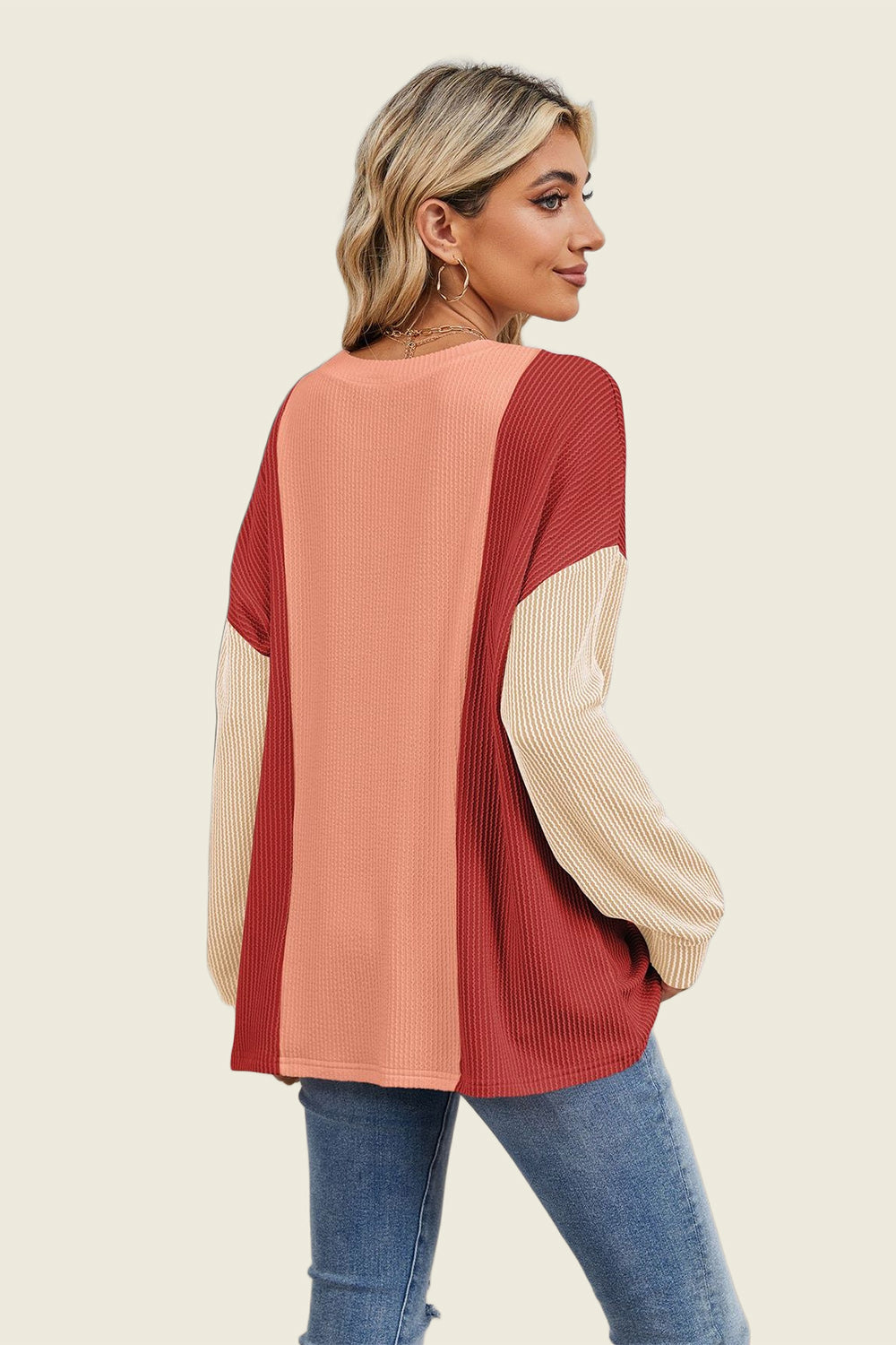 Double Take Texture Contrast Round Neck Long Sleeve T-Shirt-Angel Casuals