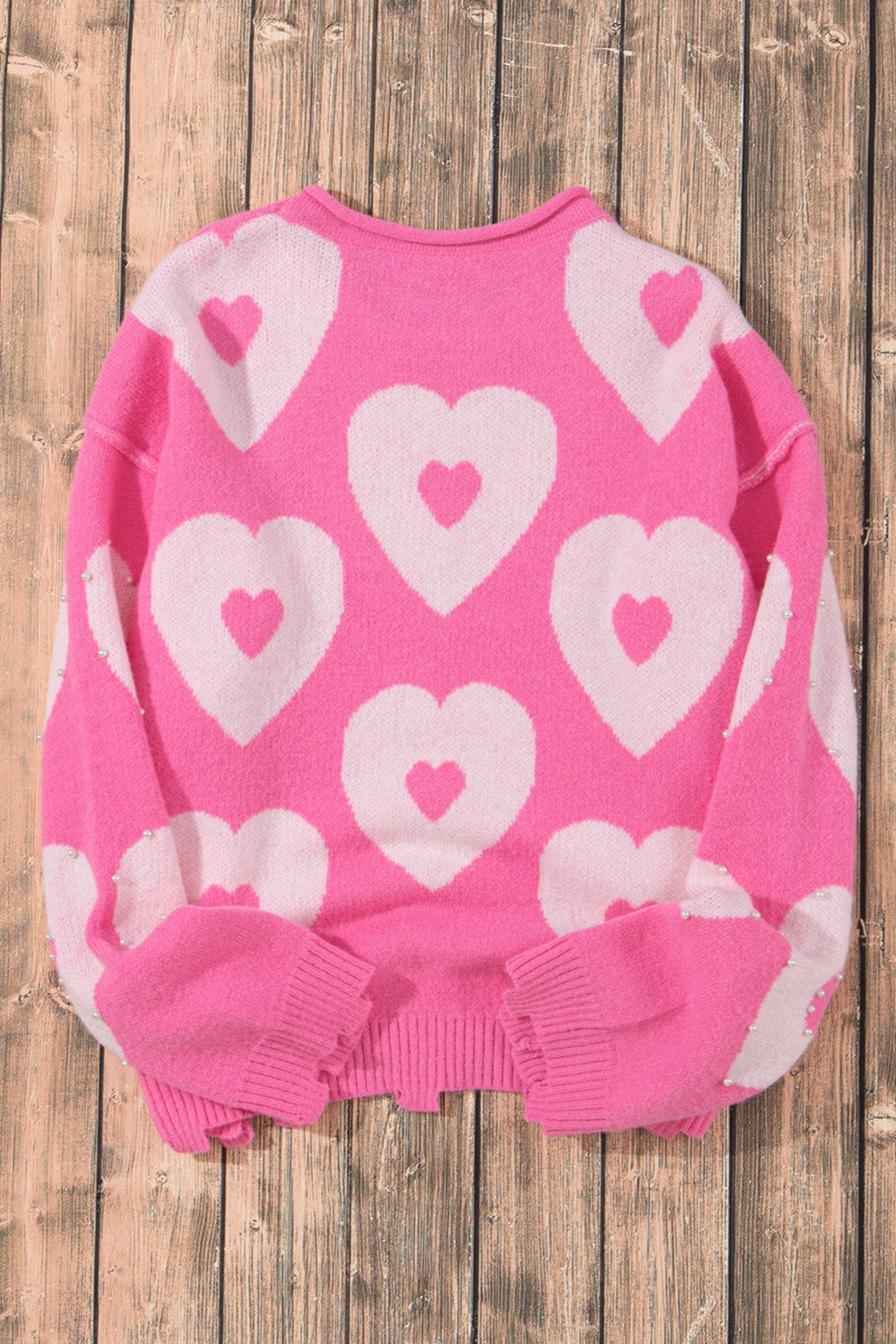 Pearl Detail Heart Round Neck Long Sleeve Sweater-Angel Casuals