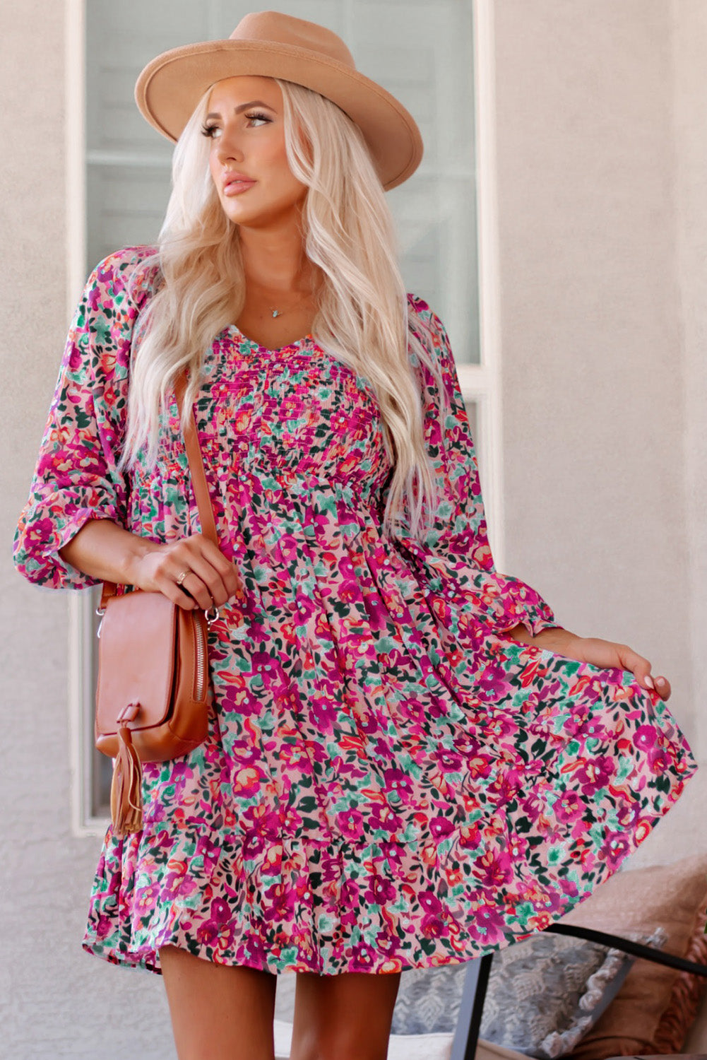 Floral Smocked V-Neck Flounce Sleeve Dress-Angel Casuals