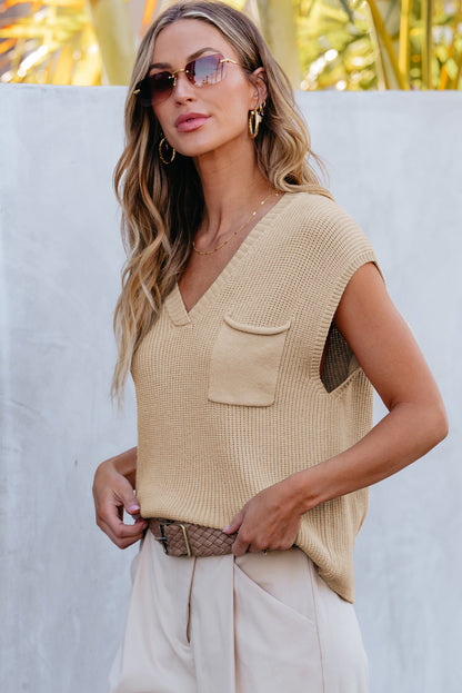 Pocketed V-Neck Cap Sleeve Sweater-Angel Casuals