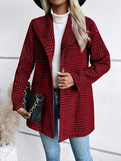 Plaid Collared Neck Long Sleeve Jacket-Angel Casuals