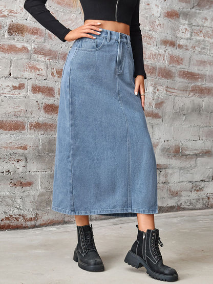 Slit High Waist Denim Skirt with Pockets-Angel Casuals