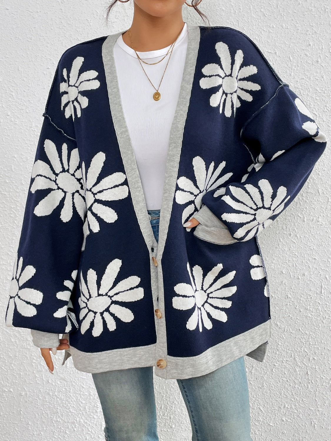 Contrast Dropped Shoulder Long Sleeve Cardigan-Angel Casuals