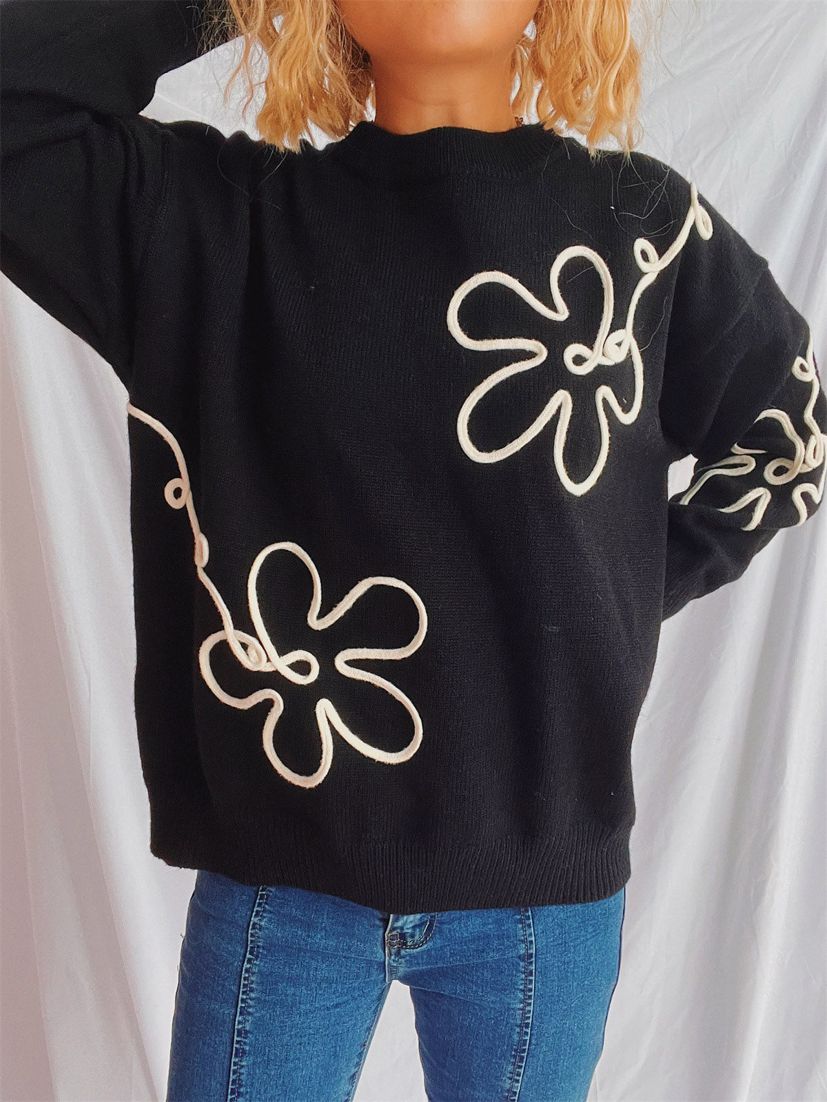 Flower Round Neck Long Sleeve Sweater-Angel Casuals