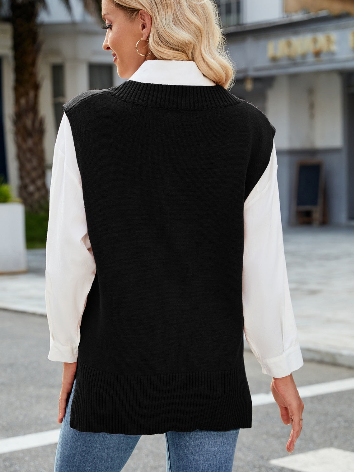 Side Slit V-Neck Sweater Vest-Angel Casuals