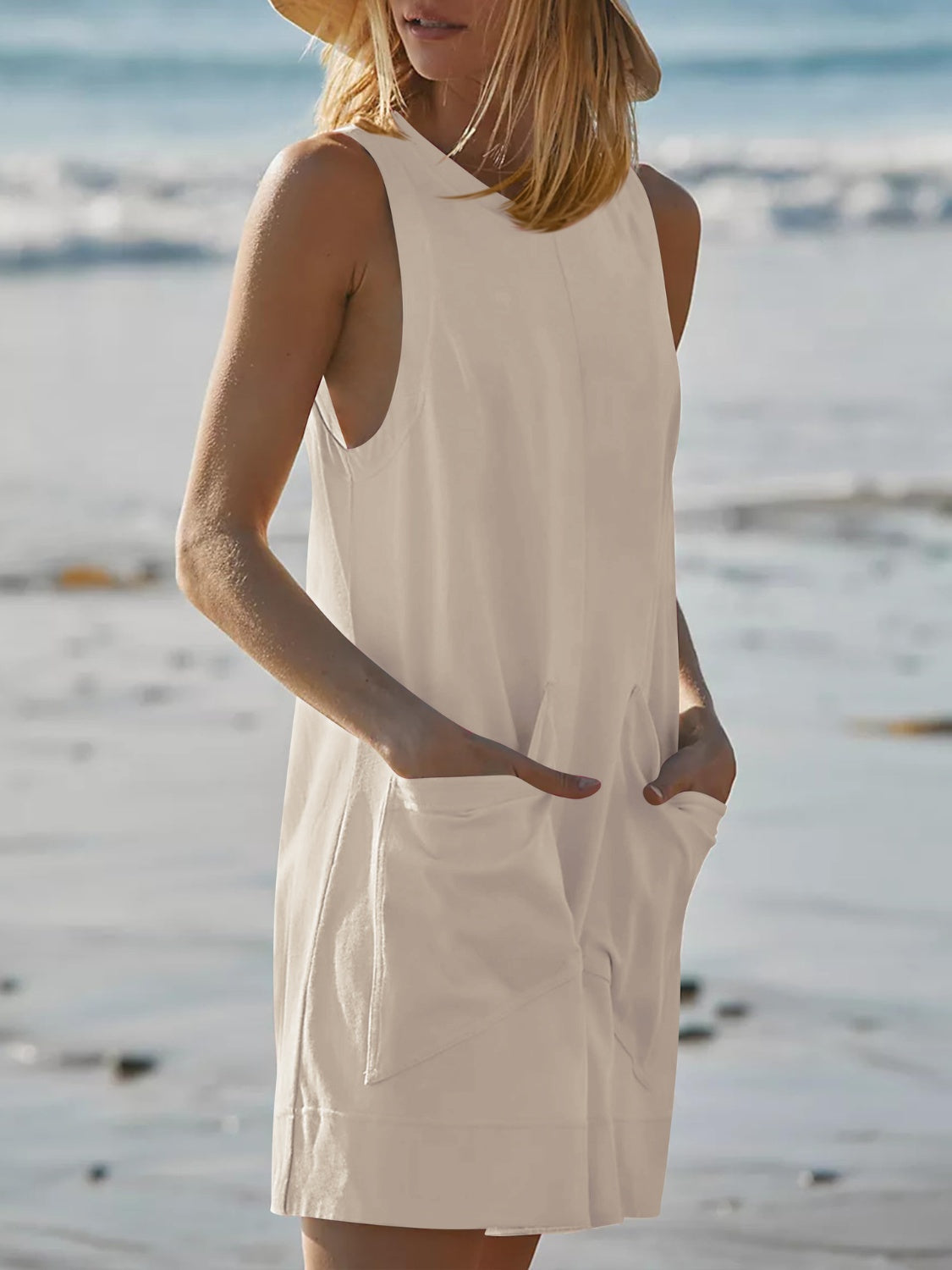 Round Neck Sleeveless Romper with Pockets-Angel Casuals