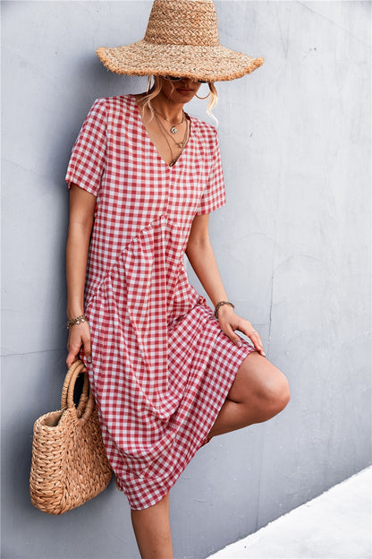 Plaid V-Neck Short Sleeve Dress-Angel Casuals