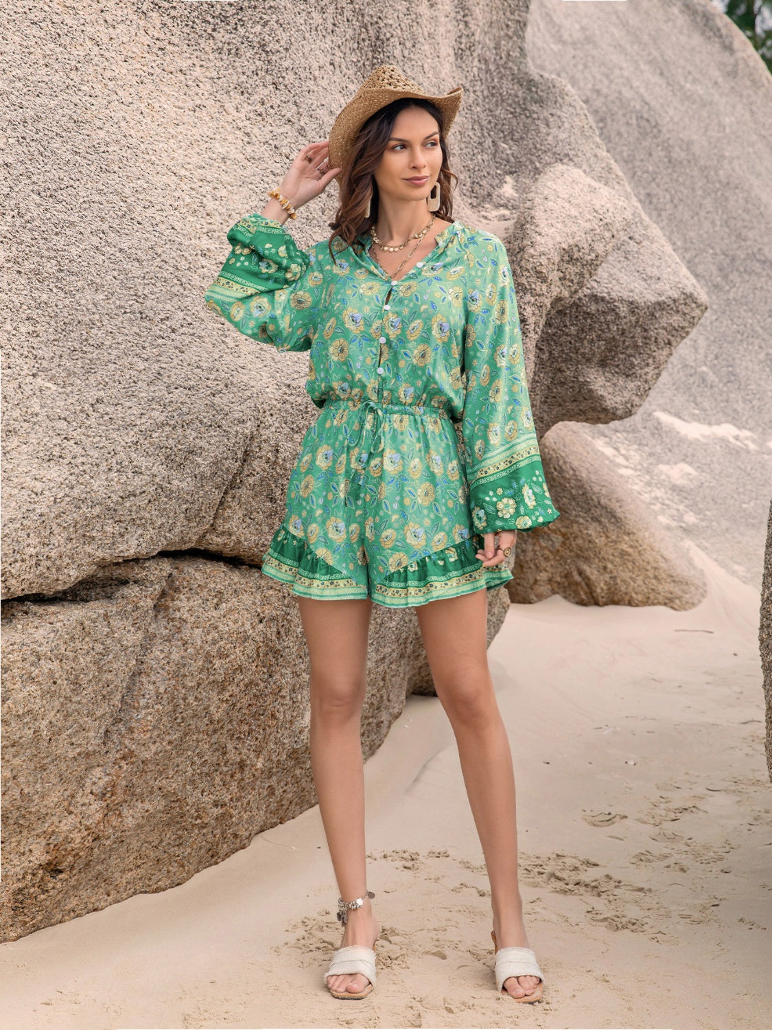 Printed Ruffled Balloon Sleeve Romper-Angel Casuals