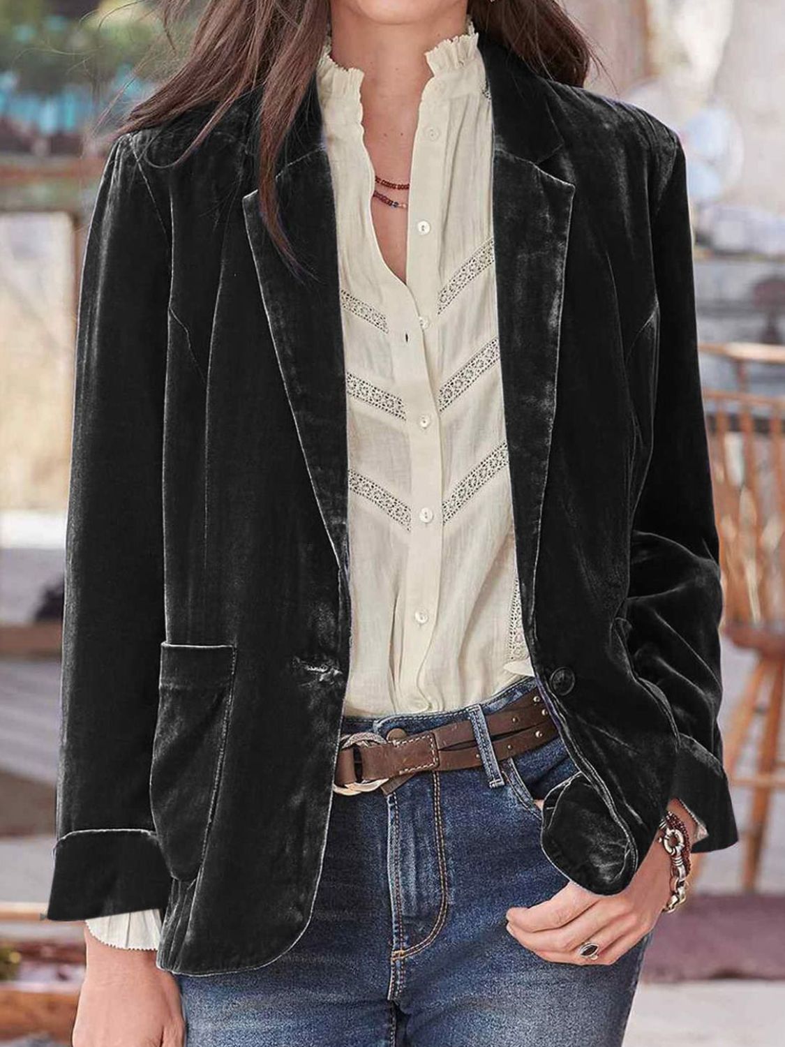 Pocketed Button Up Lapel Collar Blazer-Angel Casuals