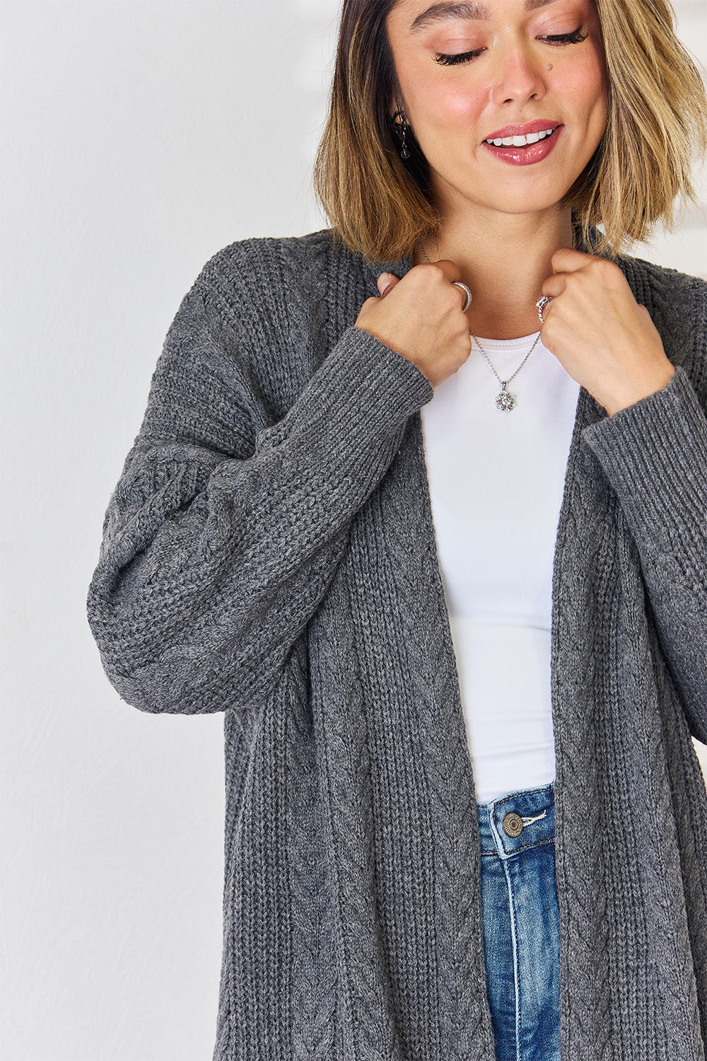 Cable-Knit Open Front Dropped Shoulder Cardigan-Angel Casuals