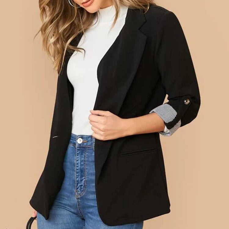 Lapel Collar Roll-Tab Sleeve Blazer-Angel Casuals