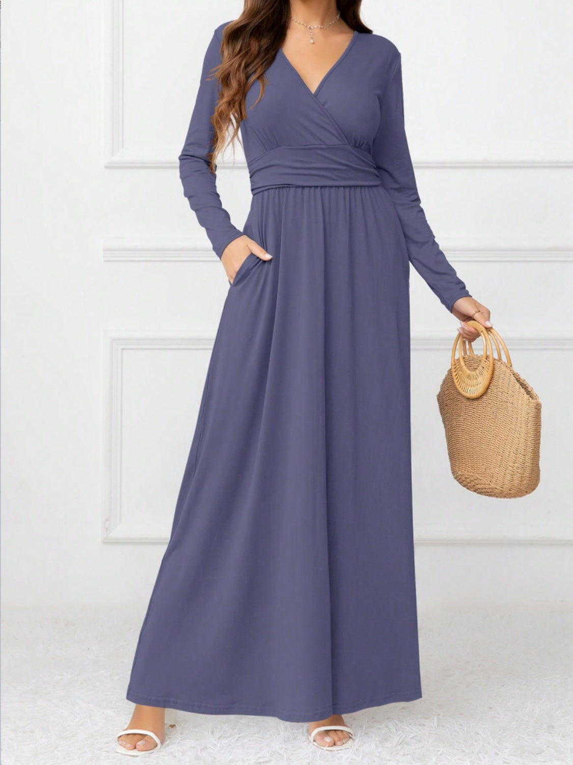 Pocketed Surplice Long Sleeve Maxi Dress-Angel Casuals