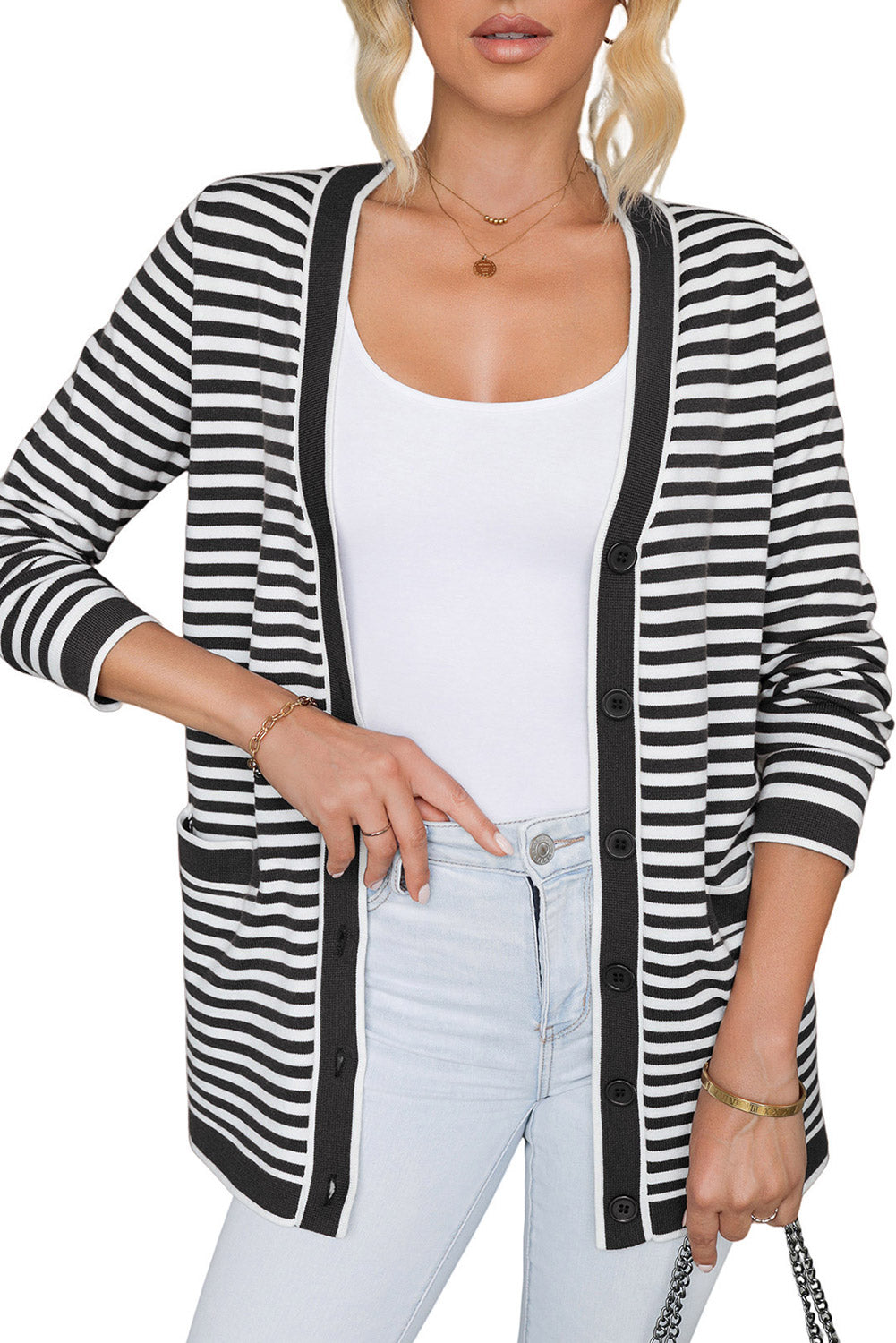 Striped Open Front Long Sleeve Cardigan-Angel Casuals