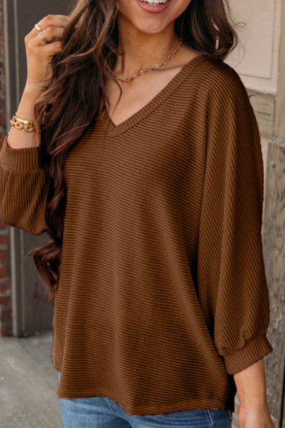 Texture V-Neck Long Sleeve Top-Angel Casuals