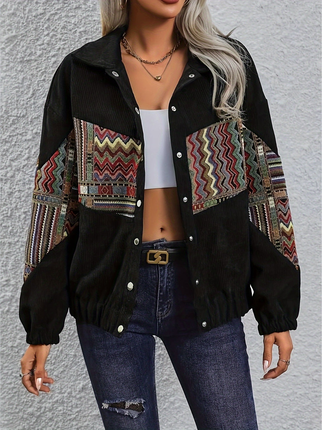 Embroidered Collared Neck Snap Down Jacket-Angel Casuals