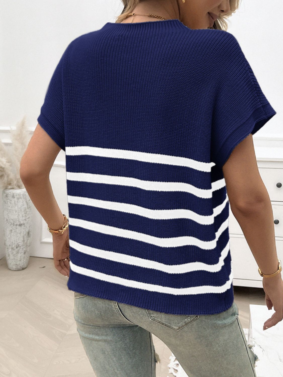 Devine Striped Round Neck Short Sleeve Sweater-Angel Casuals