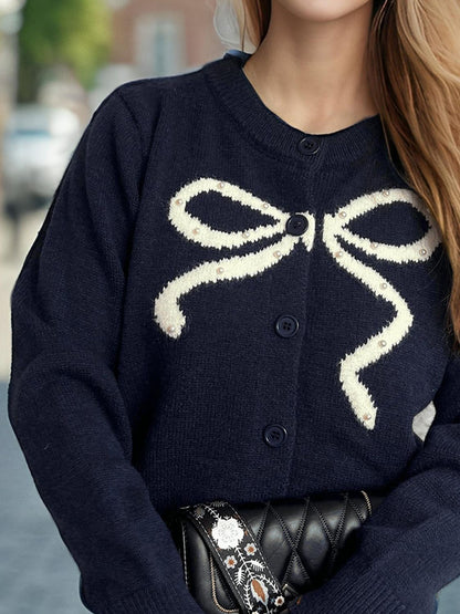 Bow Button Down Round Neck Cardigan-Angel Casuals